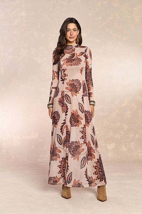 Vestido Longo Estampado Em Tule De Manga Longa Doce Trama - 106264