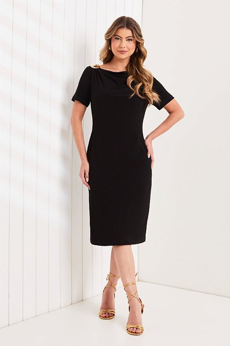 Vestido Preto Em Malha Stretch Com Detalhe Orgânico Dourado Clamila - 10848