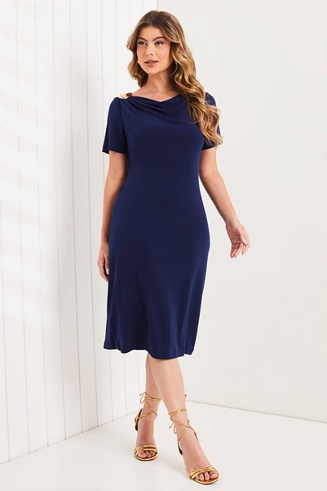 Vestido Azul Em Malha Stretch Com Detalhe Orgânico Dourado Clamila - 10848