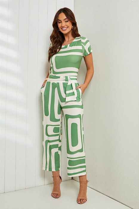 Conjunto De Calça Estampado De Off White E Verde Clamila - 10884