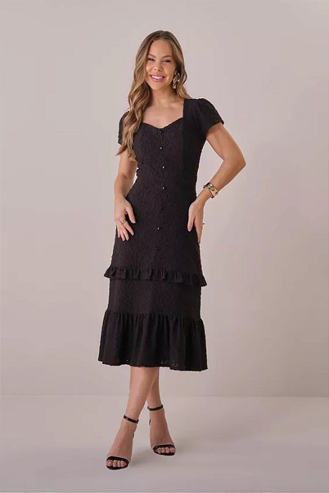 Vestido Midi Preto Em Malha Jacquard Texturizada Com Botões Frontais Tatá Martello - 5770