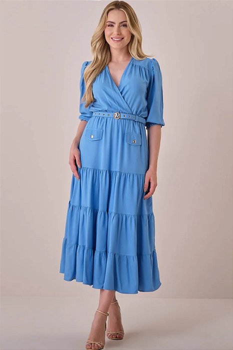Vestido Maxi Midi Azul Transpassado Acompanha Cinto Tatá Martello - 5935