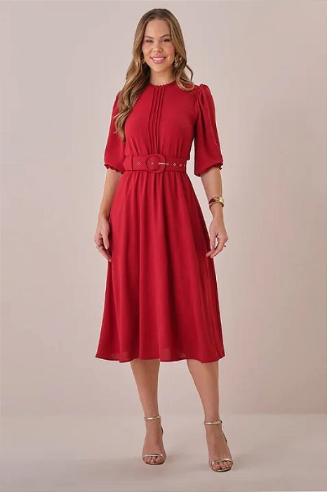 Vestido Vermelho Em Crepe Com Detalhes Em Renda E Acompanha Cinto Tatá Martello - 5927
