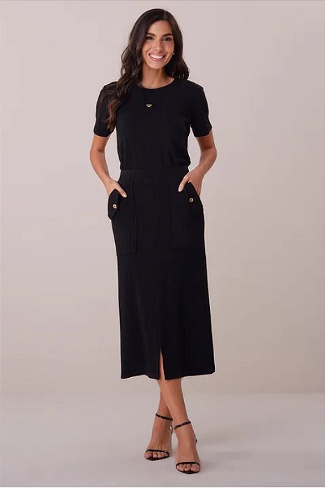 Conjunto De Saia Maxi Midi Preto Em Malha Texturizada Tatá Martello - 6215