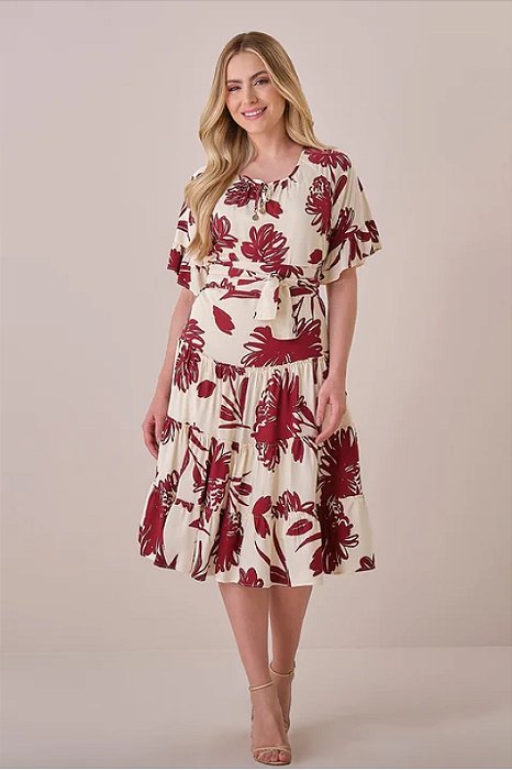 Vestido Estampado Em Viscose Acompanha Faixa Tatá Martello - 6233