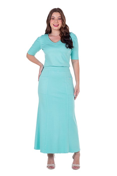Conjunto De Saia Maxi Midi Verde Água Em Ponto Roma Com Bolsos Hapuk - 49450