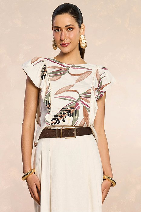 Blusa Estampada Em Viscolinho Com Detalhe De Cordão Doce Trama - 106472