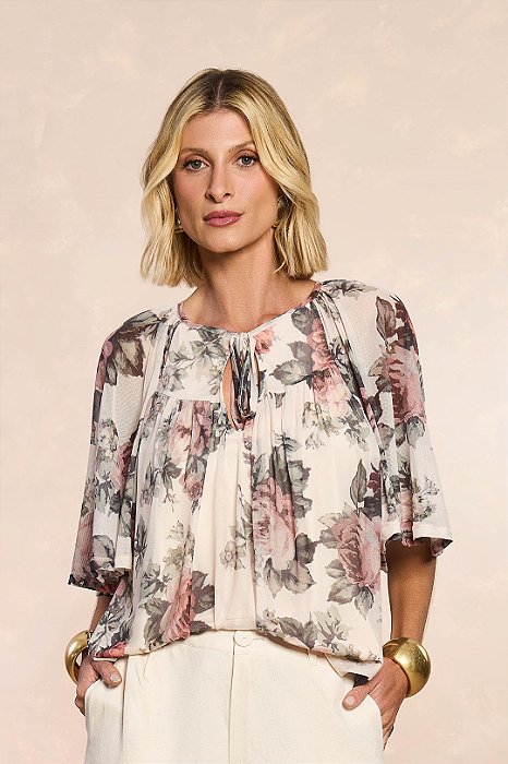 Blusa Estampada Em Tule Decote Gota Com Amarração Doce Trama - 106449