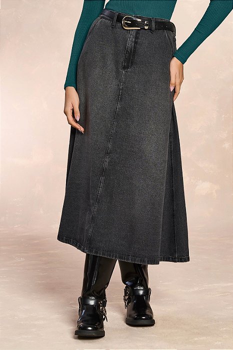 Saia Maxi Midi Em Denim Black Com Bolsos Frontais E Traseiros Doce Trama - 106048