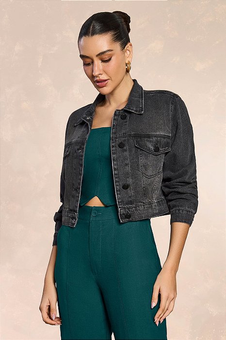 Jaqueta Denim Black Com Detalhe De Bolsos Doce Trama - 106047