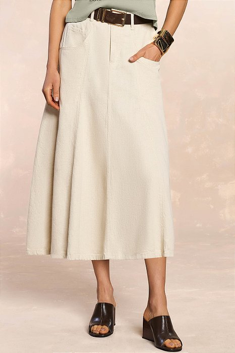 Saia Midi Cru Em Sarja Com Linho Bolsos Frontais E Traseiros Doce Trama - 106283