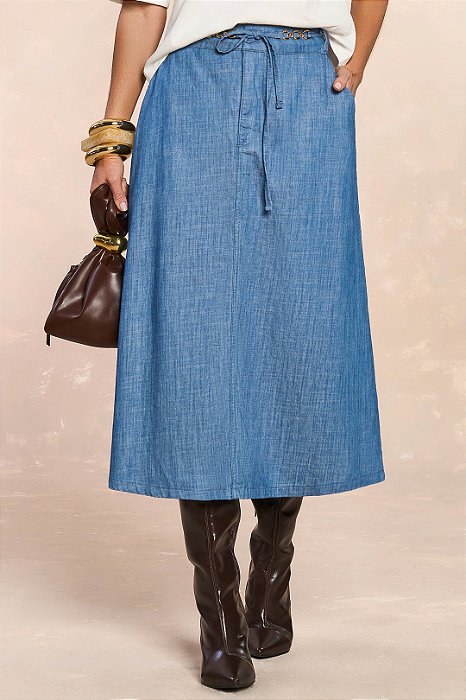 Saia Midi Em Denim Acompanha Cordão Com Aviamento Dourado Doce Trama - 106043