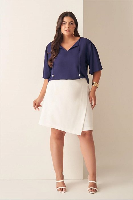 Blusa Plus Size Azul Em Viscopoly Com Amarração Frontal Vocco Plus - 69412