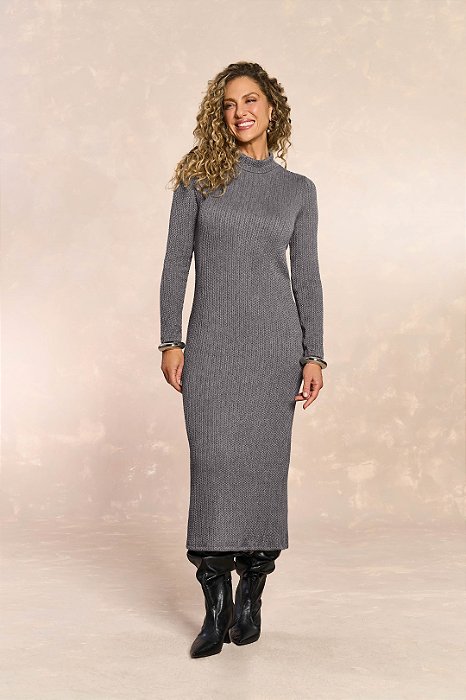 Vestido Maxi Midi Mescla Em Tricot Mesclado De Manga Longa Doce Trama - 106257