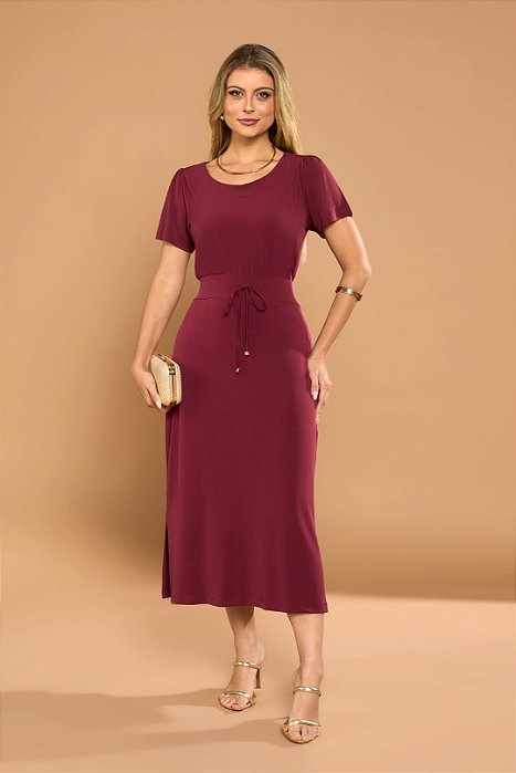 Conjunto De Saia Midi Vinho Em Malha Stretch Com Fendas Laterais Clamila - 10814