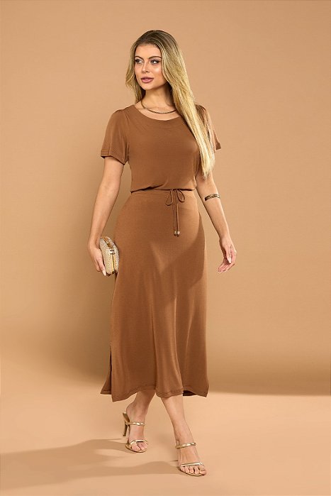 Conjunto De Saia Midi Marrom Em Malha Stretch Com Fendas Laterais Clamila - 10814
