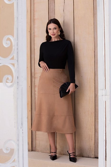 Saia Maxi Midi Caramelo Em Suede Evasê Com Detalhe De Recortes Clamila - 10902