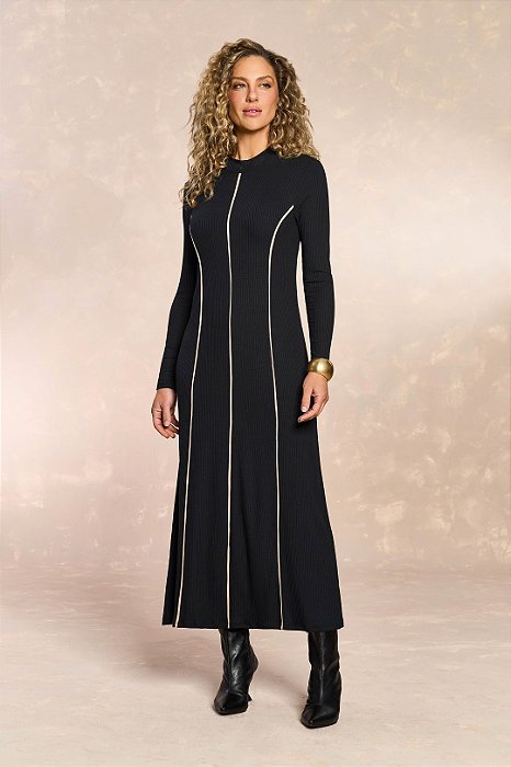 Vestido Preto Maxi Midi Com Vivo Bege De Manga Longa Doce Trama - 106406