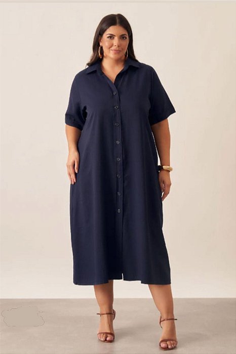 Vestido Plus Size Chemise Midi Azul Em Viscopoly Com Bolsos Vocco Plus - 86814