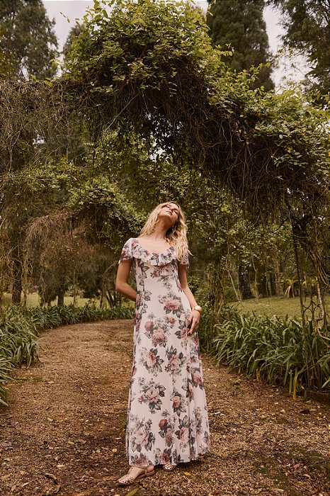 Vestido Longo Estampado Em Tule De Manga Curta Doce Trama - 106446