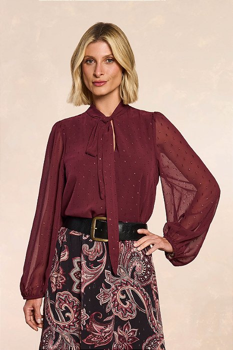 Blusa Vinho Em Chiffon Com Brilho De Manga Longa Doce Trama - 106176