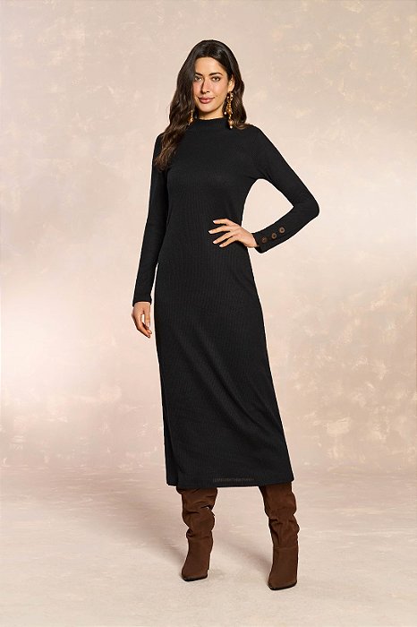 Vestido Maxi Midi Preto De Manga Longa Em Tricot Doce Trama - 106233
