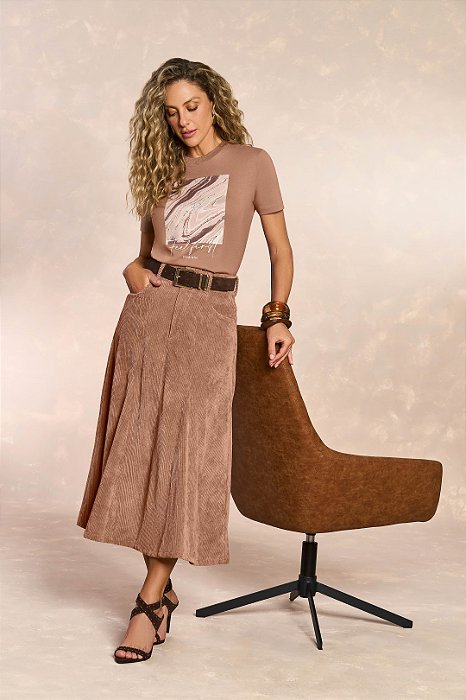 Saia Maxi Midi Mocha Em Veludo Cotelê Com Bolsos Frontais E Traseiros Doce Trama - 106198