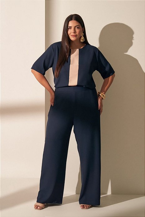 Conjunto Plus Size De Calça Pantalona Azul Com Recortes Bege Vocco Plus - 69436