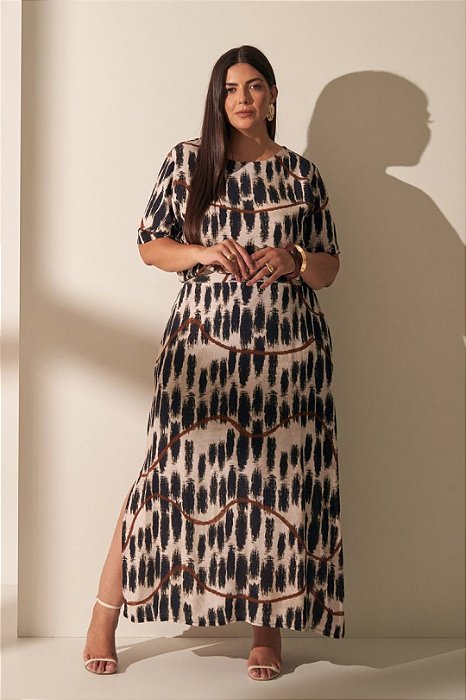 Conjunto Plus Size De Saia Maxi Midi Estampado Em Viscose Vocco Plus - 69433
