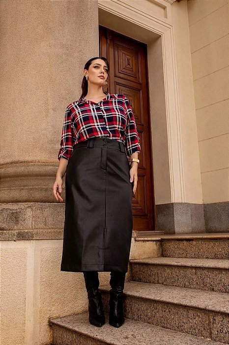 Saia Midi Em PU Com Bolsos Botões E Zíper Funcionais - 71107
