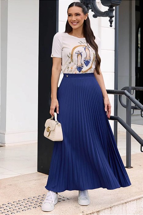Saia Maxi Midi Azul Plissada Em Crepe Com Elástico Na Cintura Tatá Martello - 7121