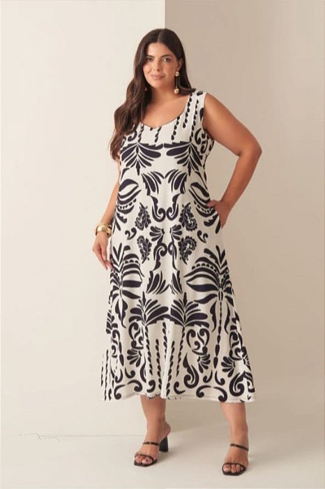 Vestido Plus Size Maxi Midi Estampado Em Viscose Sem Manga Vocco Plus - 86837