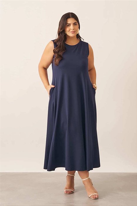 Vestido Plus Size Maxi Midi Azul Sem Manga Com Bolsos Vocco Plus - 86834