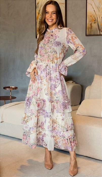 Vestido Maxi Midi Estampado Em Chiffon De Manga Longa Com Babados - 1835
