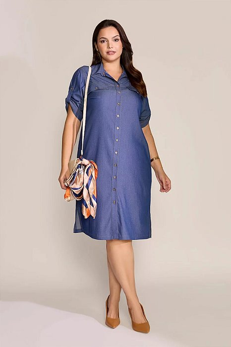 Vestido Azul Marinho Jeans Em Viscose Mista Com Botões Frontais - 42445