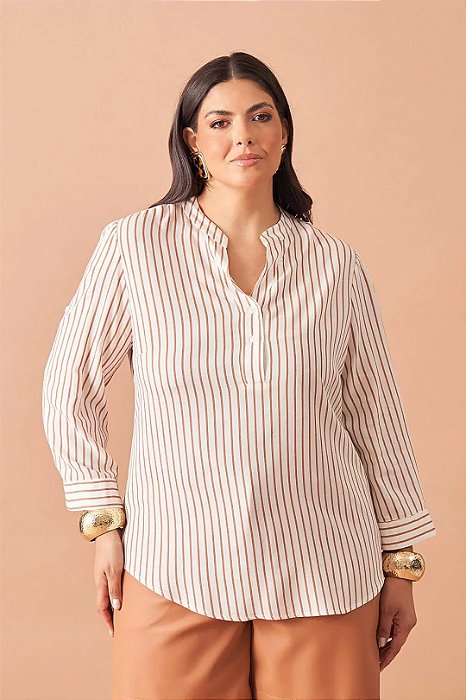 Camisa Listrada De Cru E Bege De Manga 7/8 Em Viscolinho - 32067