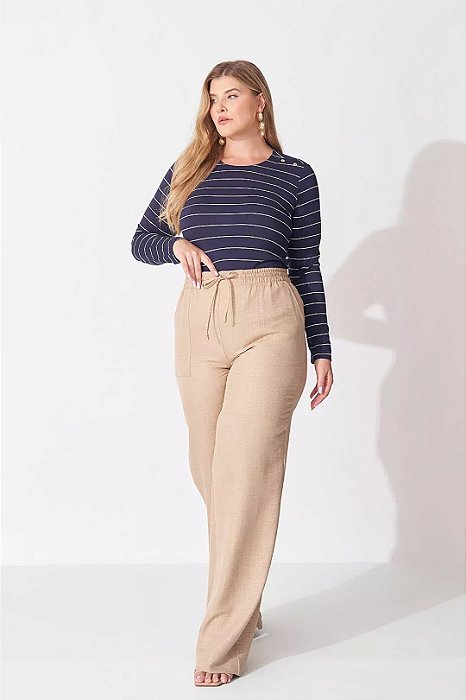 Calça Pantalona Bege Claro Em Crepe Com Bolsos E Amarração Frontais - 81055