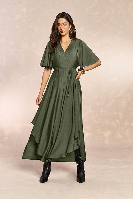 Vestido Verde Assimétrico Em Viscose Com Poliamida Doce Trama - 106424