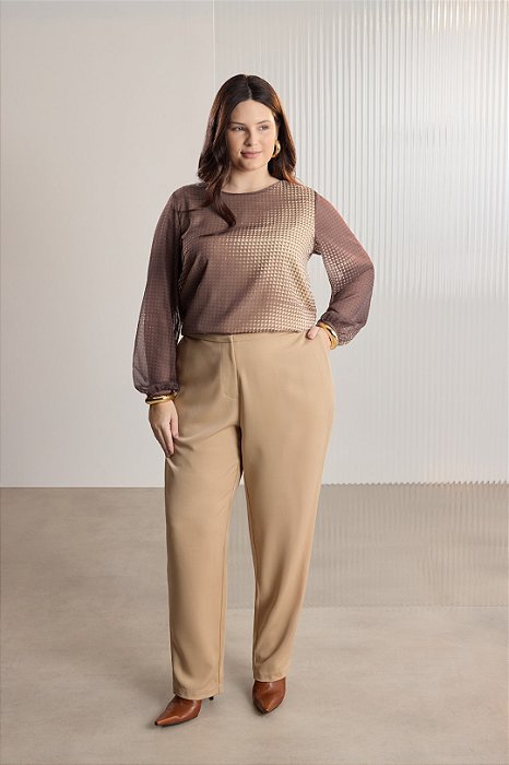 Blusa Plus Size Estampada Em Chiffon De Manga Longa Com Elástico - C8163