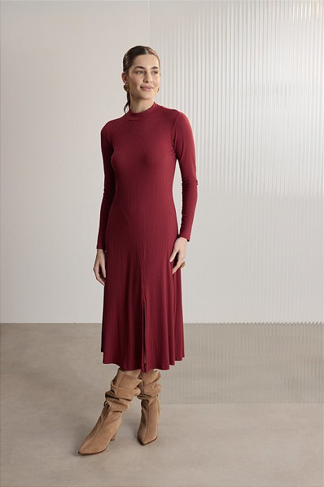Vestido Midi Bordô Em Malha Canelada De Manga Longa Com Fenda Frontal - C8103