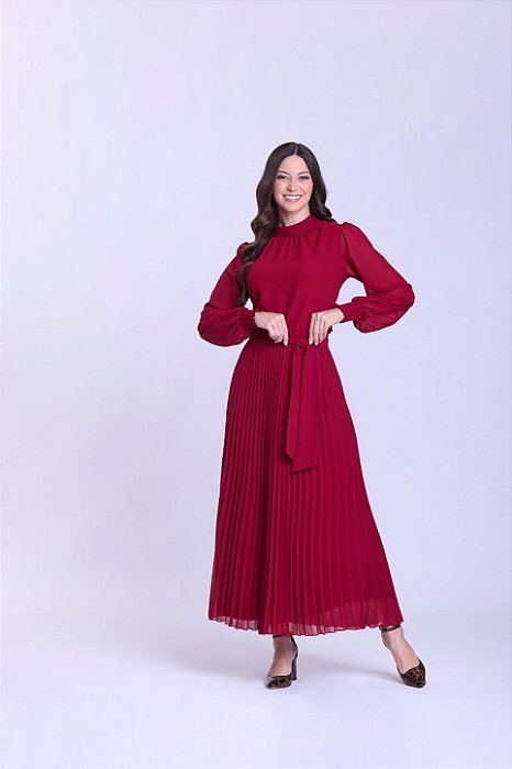 Vestido Maxi Midi Bordô Em Chiffon Plissado E Acompanha Faixa Hapuk - 62083