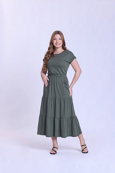 Vestido Maxi Midi Verde Em Malha De Algodão Três Marias Hapuk - 62076