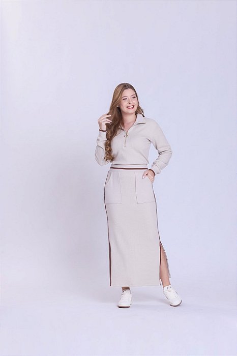 Conjunto De Saia Maxi Midi Bege Em Malha Texturizada Hapuk - 49556