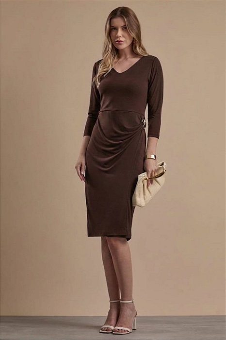 Vestido Marrom Em Malha Stretch Com Detalhe De Fivela Orgânica Clamila - 10933