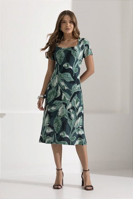 Vestido Midi Estampado Em Malha Stretch Com Decote Quadrado Clamila - 10913