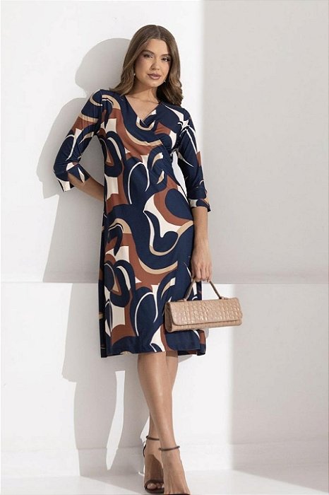Vestido Midi Estampado Transpassado Em Malha Stretch Clamila - 10908