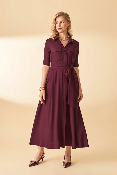 Vestido Chemise Maxi Midi Uva Em Viscose Com Bolsos E Acompanha Faixa - 1321