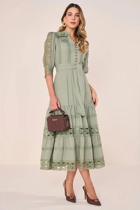 Vestido Maxi Midi Verde Com Guipir E Acompanha Cinto Fascínius - 0303186