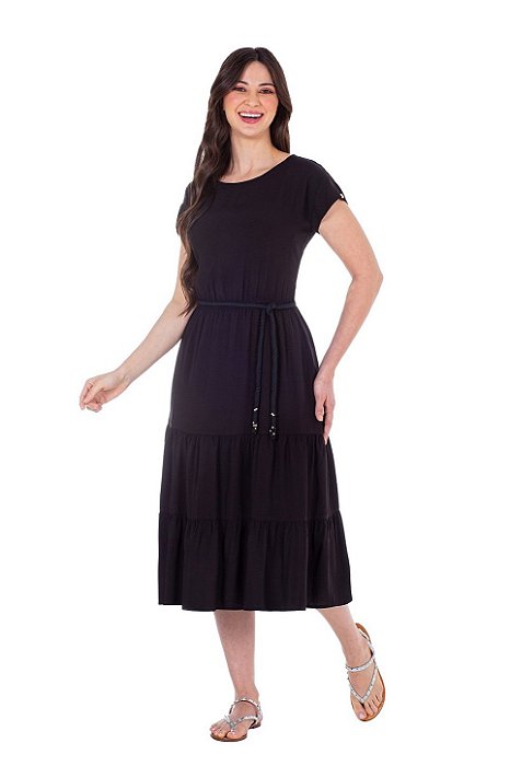 Vestido Midi Preto Em Viscose Três Marias Acompanha Cordão Hapuk - 61812