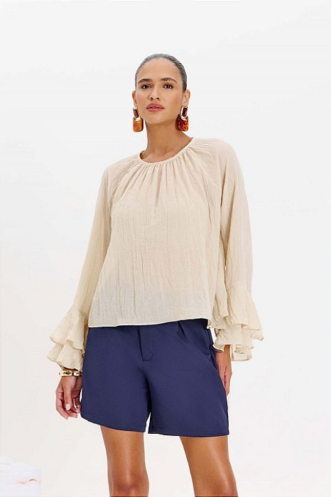 Blusa Bege Em Crinkle De Manga Longa Flare Com Babados Elegance All Curves - 035490